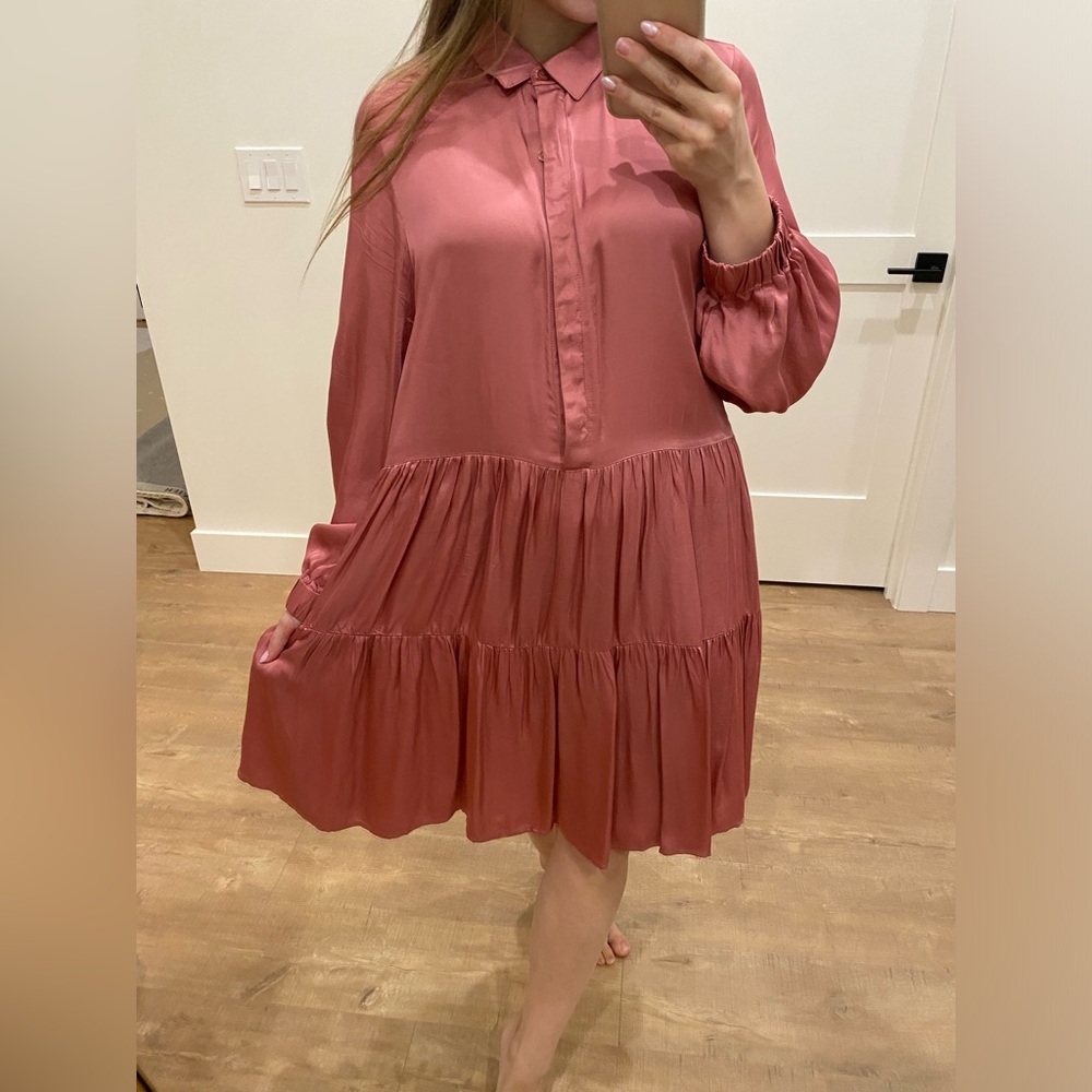 Satin rosey pink button up flowy dress